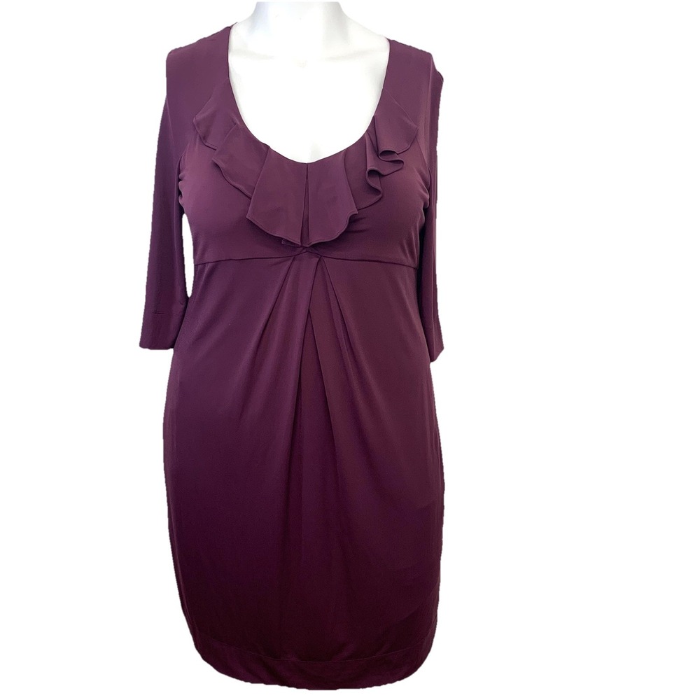 Donna Ricco Purple Shift Dress Ruffle Lined Sz 16 3/4 Sleeve Stretch Work Casual